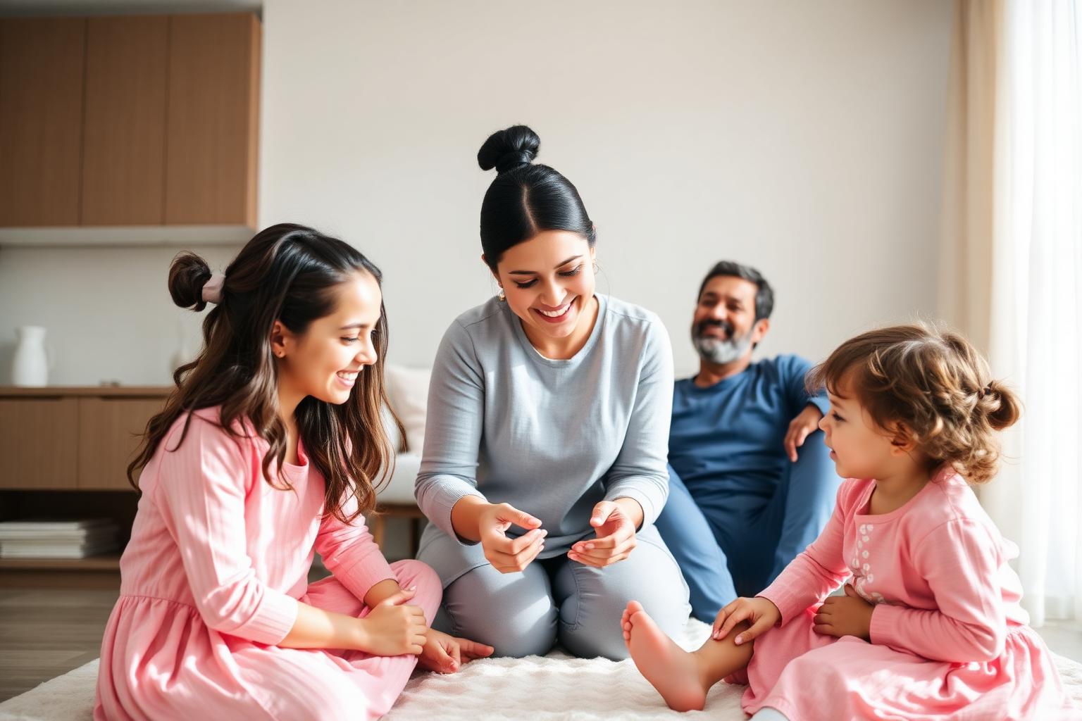 Familia en casa con niñera confiable
